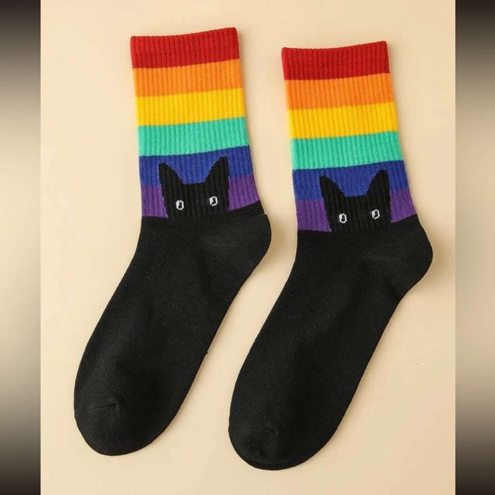 πββ¬ Awesome Colorful Rainbow Black Kitty Cat Socks π
